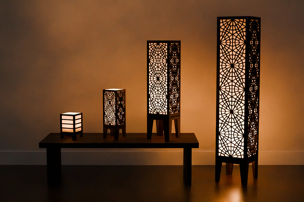 MiniLamp, MedLamp, LargeLamp and XXL in walnut, together in a dark room